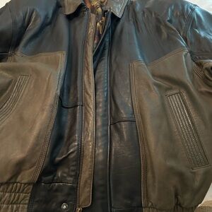Men's Black and Olive Green Leather Bomber Jacket With Tan Back